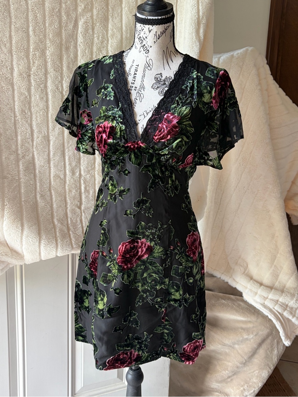 Nasty Gal Black Mini Dress with Rose Print and Lace Trim